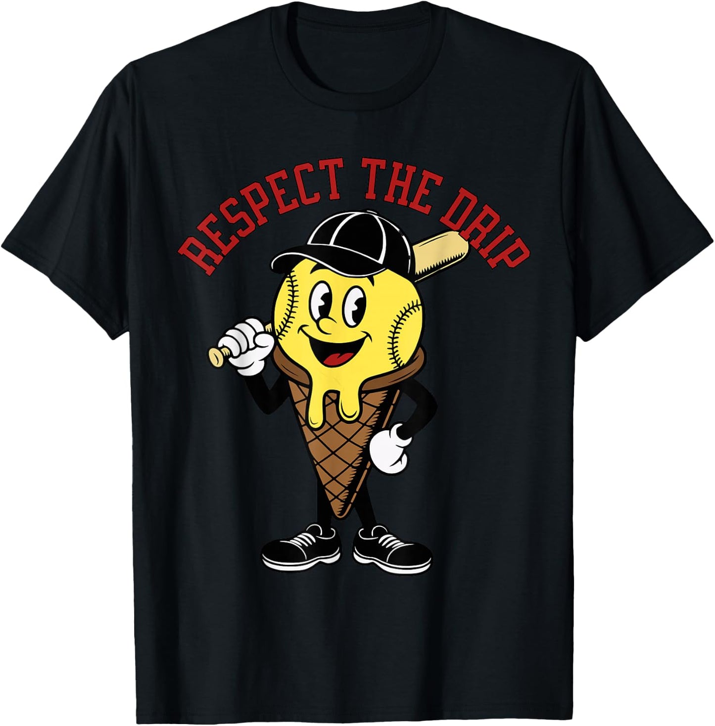 Baseball Ice Cream Drip Mascotte Retro T-Shirt - T-Shirt | Black