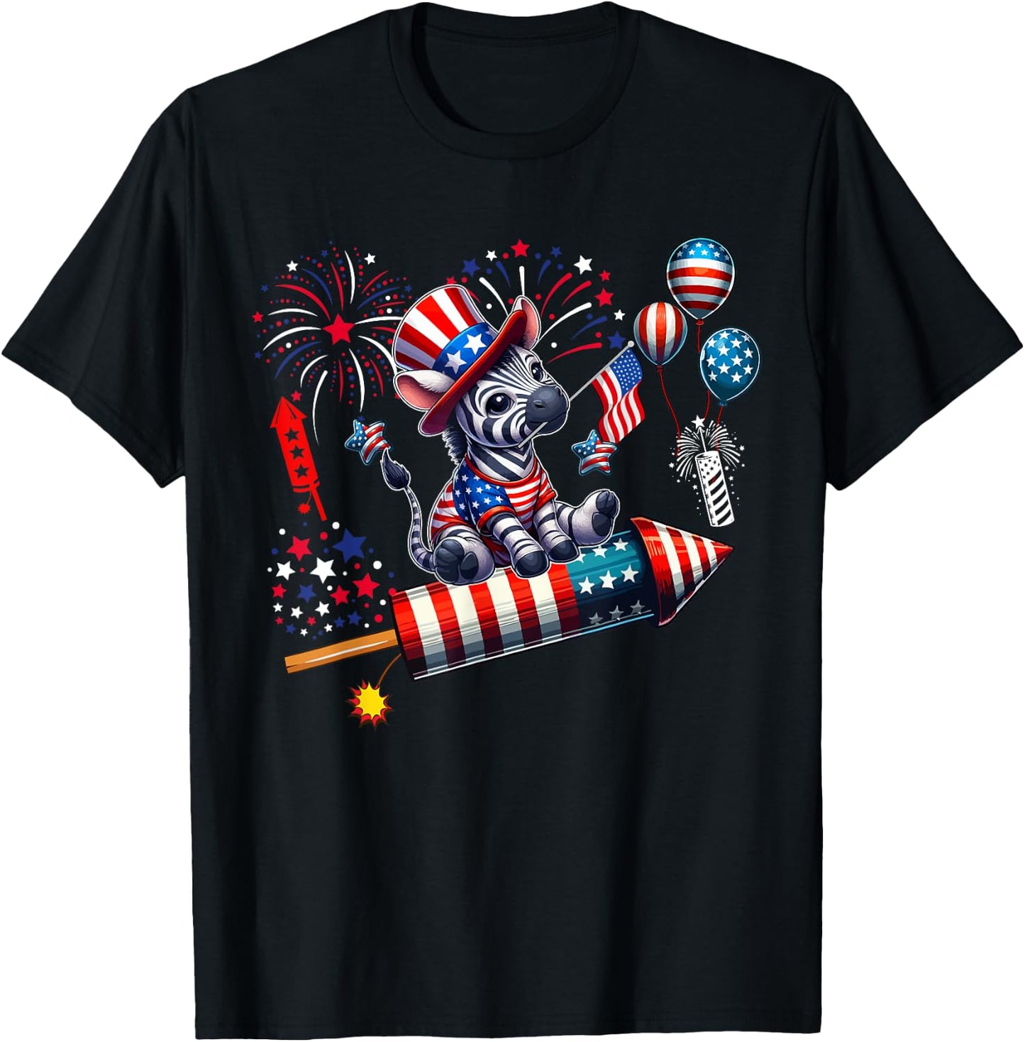 Zebra Riding Firecracker US Flag 4th Of July Fireworks Women Kids Men T-Shirt - T-Shirt | Black