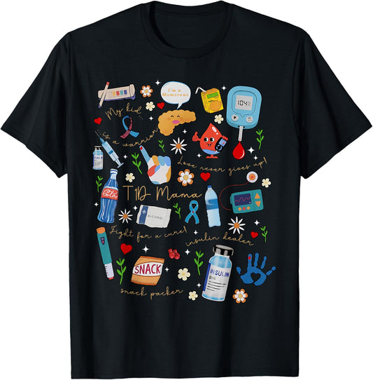 Type 1 Moms Diabetes Fall Aesthetic Diabetes Awareness T-Shirt - T-Shirt | Black