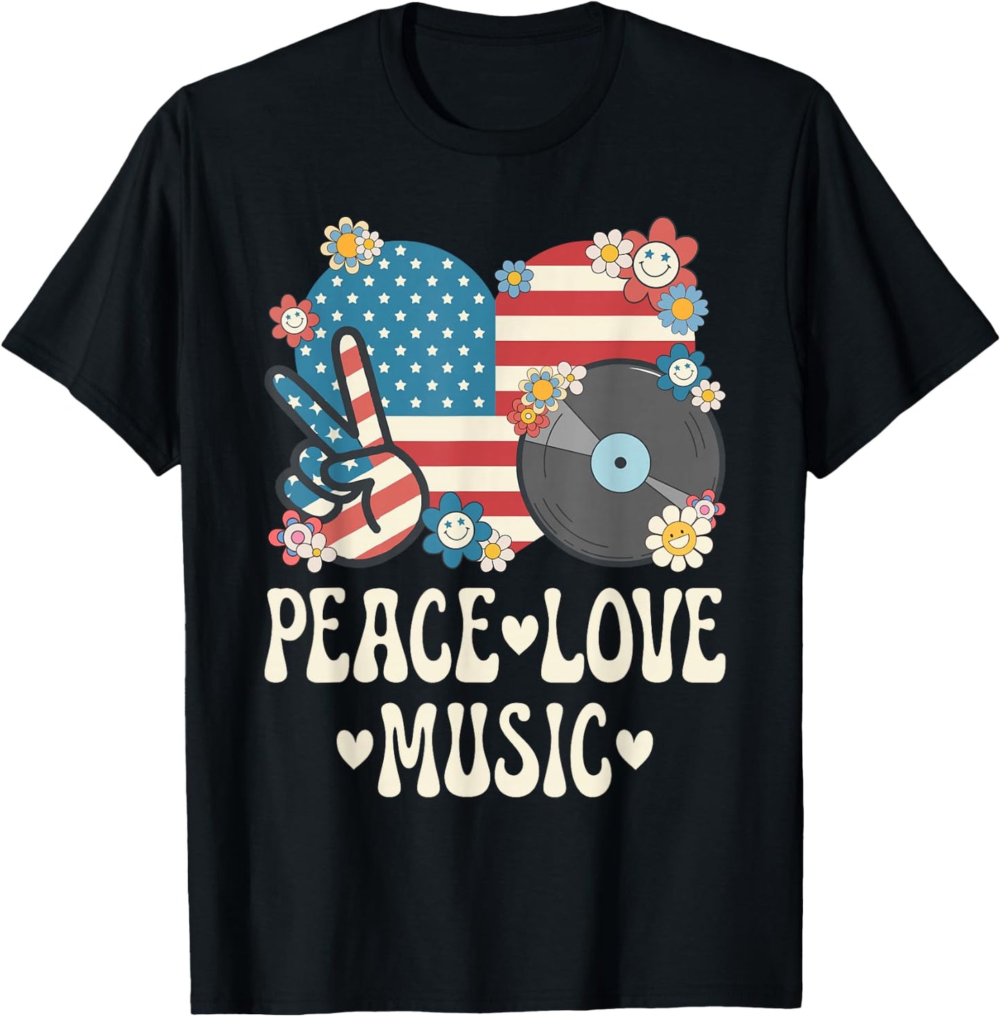 Peace Love Music American Flag Patriotic Men Women Musician T-Shirt - T-Shirt | Black
