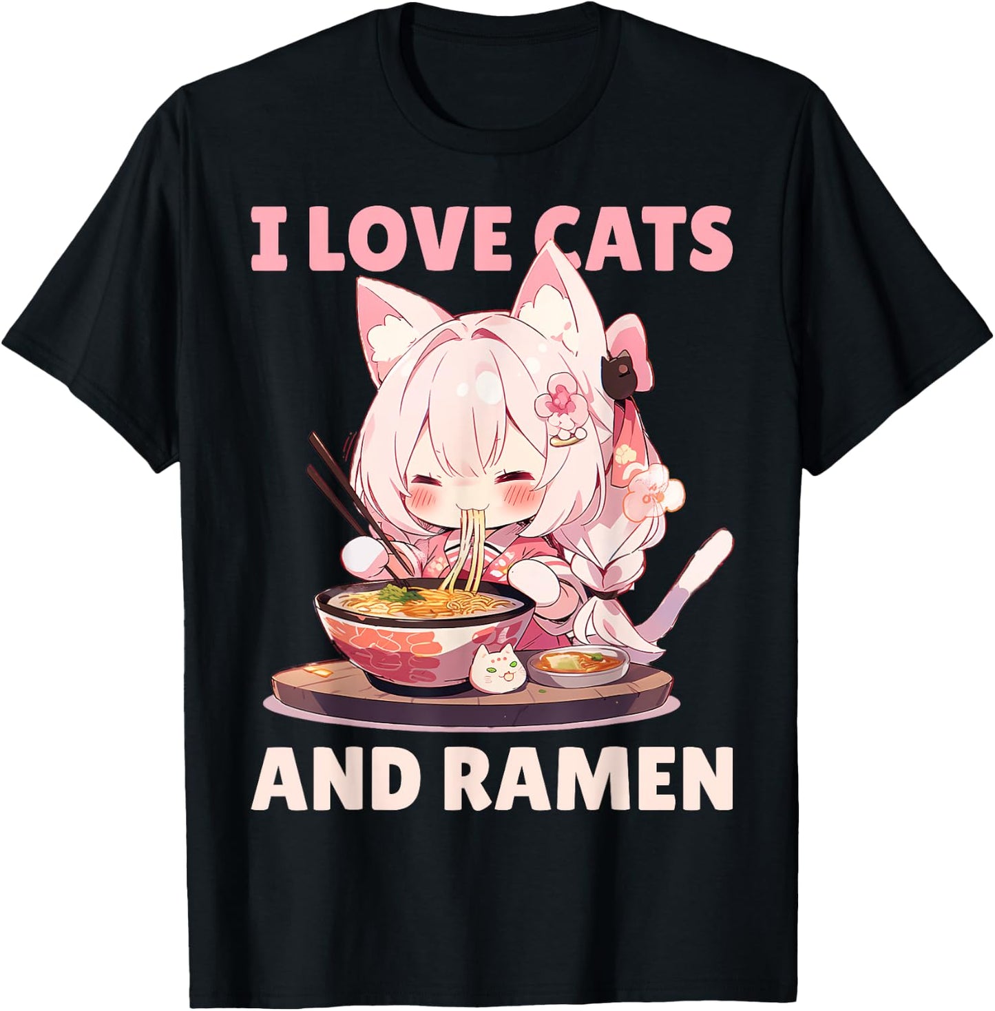 Kawaii Chibi Nekomimi Anime Cat Girl Ramen Otaku T-Shirt - T-Shirt | Black