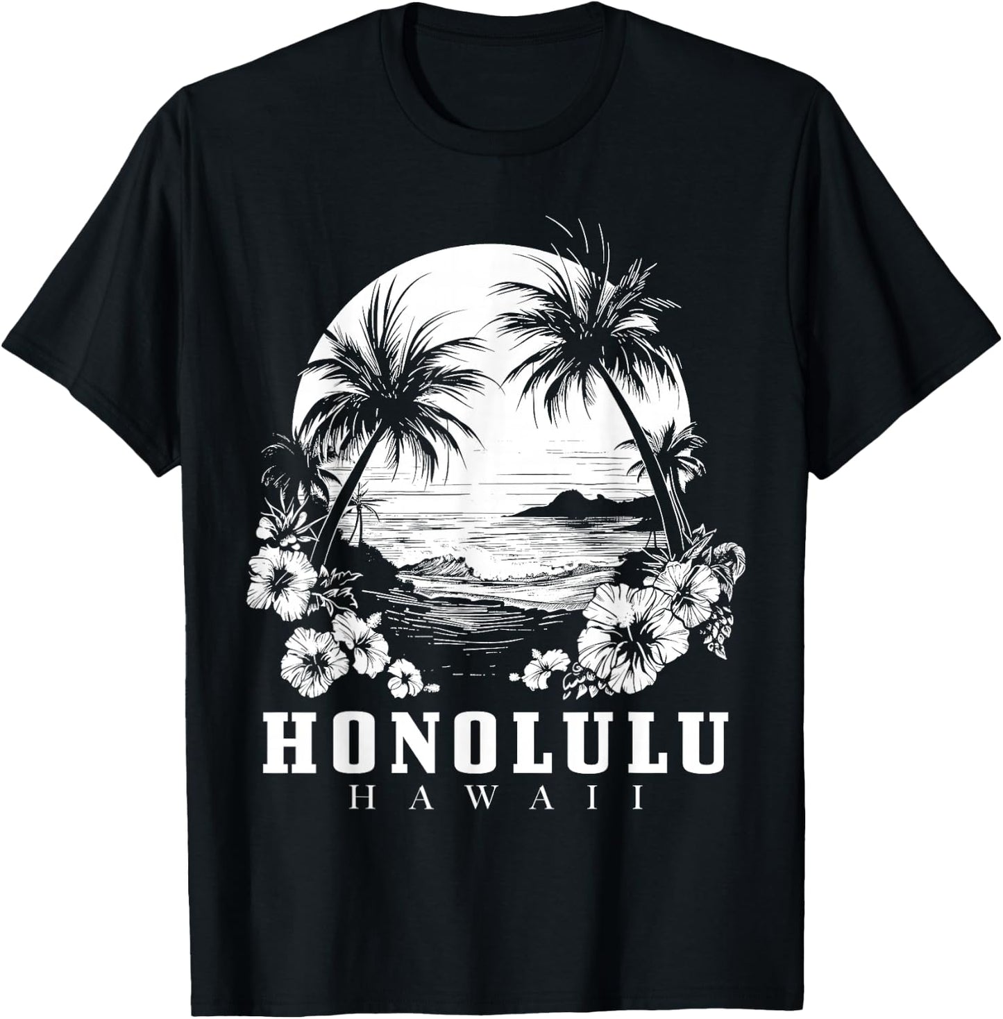 Honolulu Hawaii Hawaiian Hibiscus Flowers Surfer Souvenir T-Shirt - T-Shirt | Black