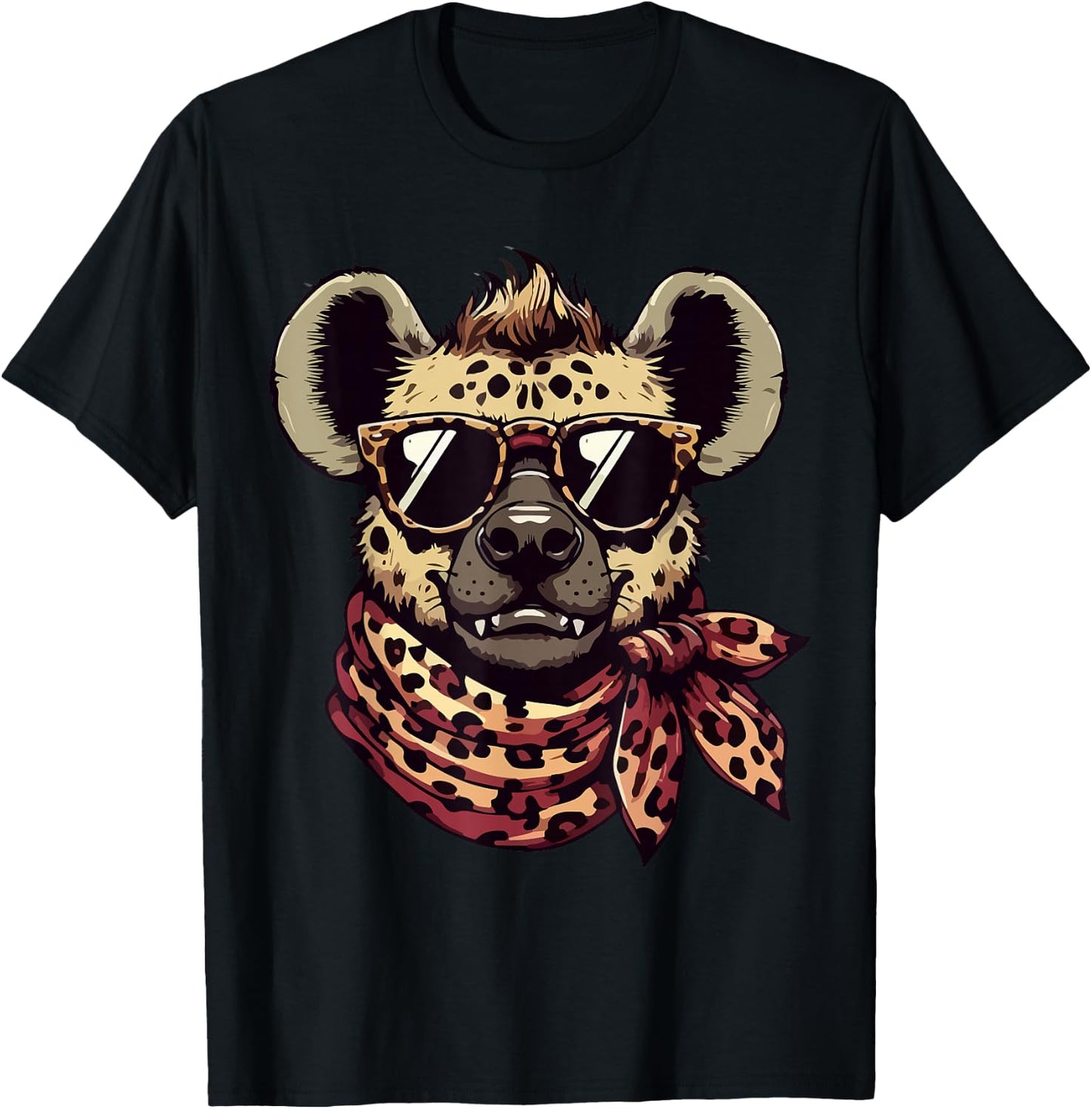 Hyena Wearing Leopard Scarf Animal Wearing Sunglasses T-Shirt - T-Shirt | Black