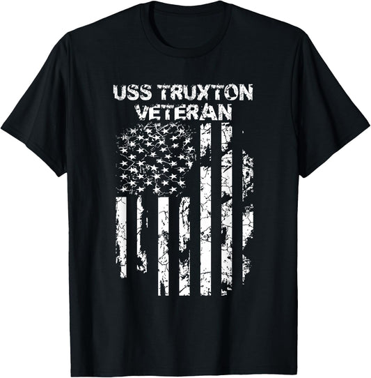 USS Truxton Military Veteran Distressed USA Flag T-Shirt - T-Shirt | Black