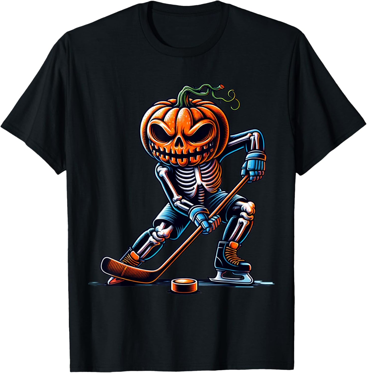 Skeleton Ice Hockey Halloween Pumpkin Hockey Boys Kids T-Shirt - T-Shirt | Black