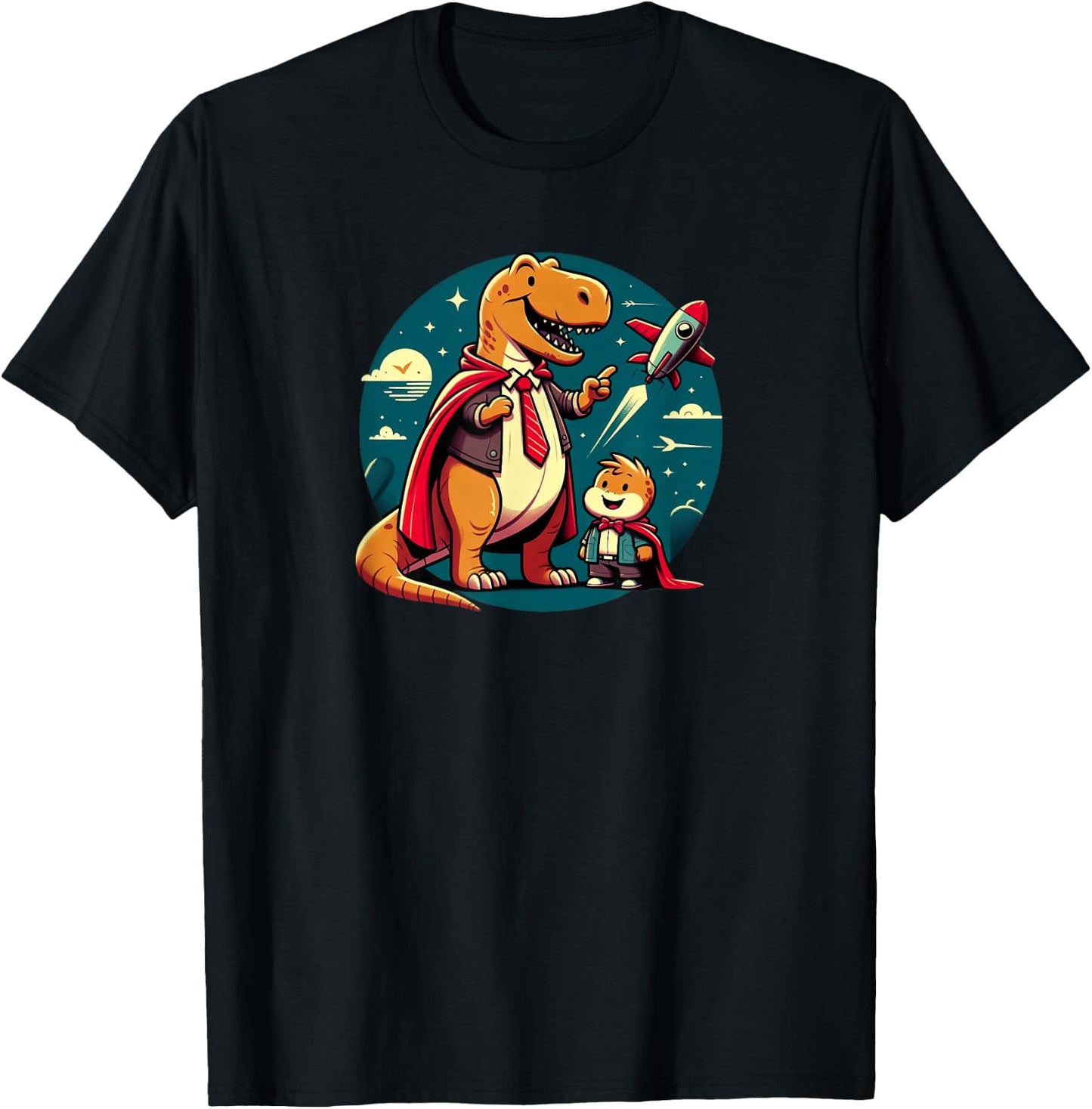 Cute Daddy Dinosaur Son Fathers Day Spaceship T-Shirt - T-Shirt | Black
