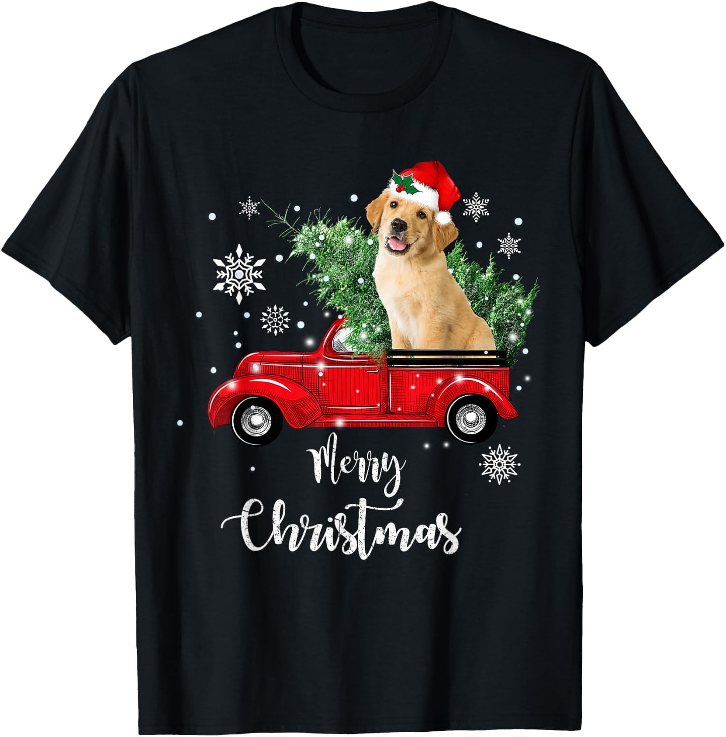 Red Truck Merry Christmas Tree Golden Retriever Christmas T-Shirt - T-Shirt | Black