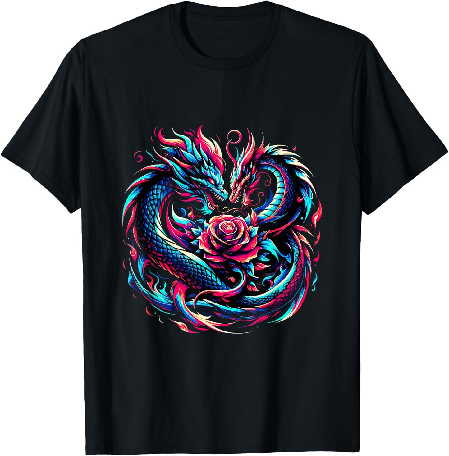 Dragon and Rose Graffiti Fantasy Edgy Art Vector T-Shirt - T-Shirt | Black
