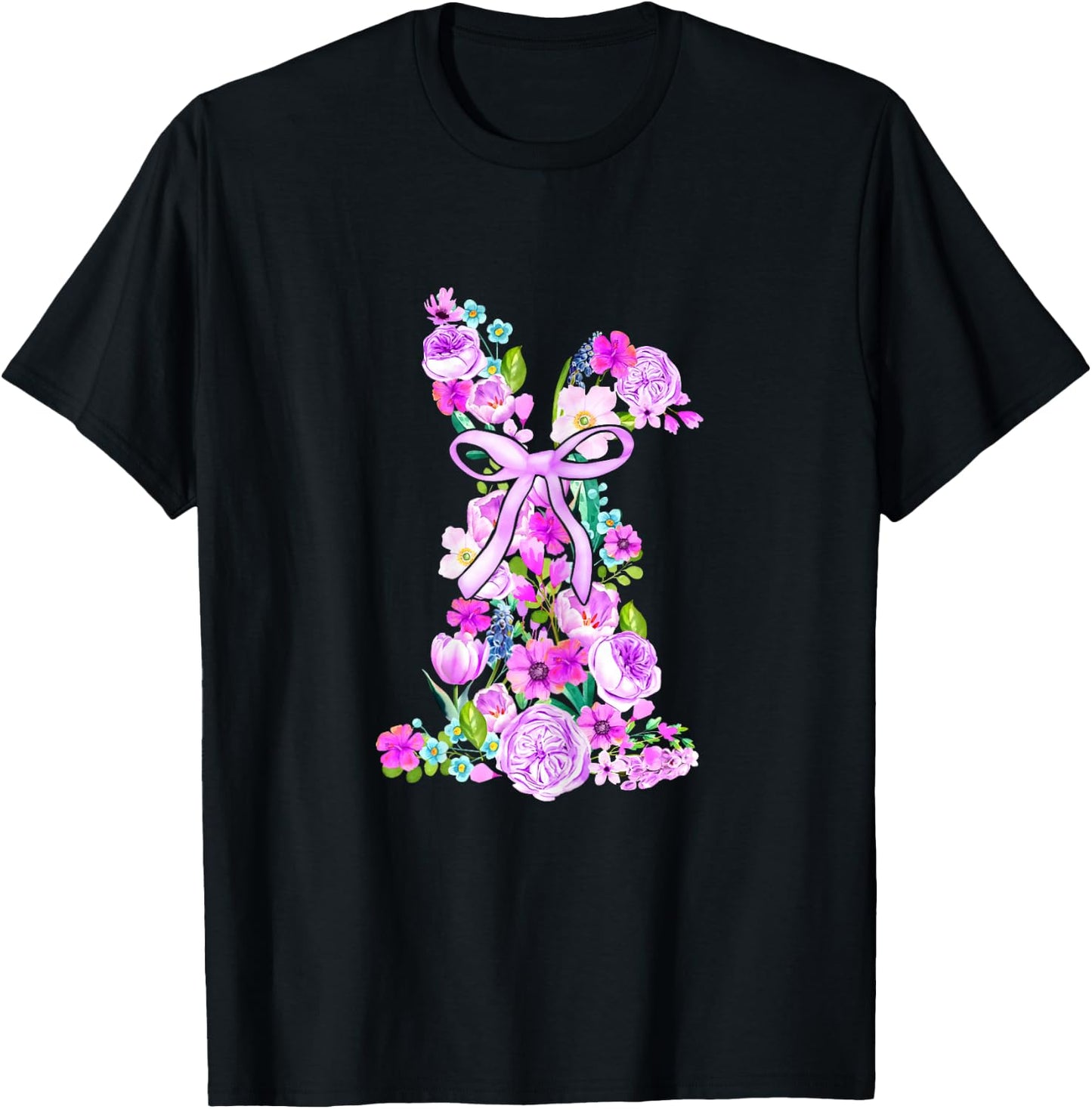 Watercolor Violet Floral Easter Bunny Woment Girls T-Shirt - T-Shirt | Black