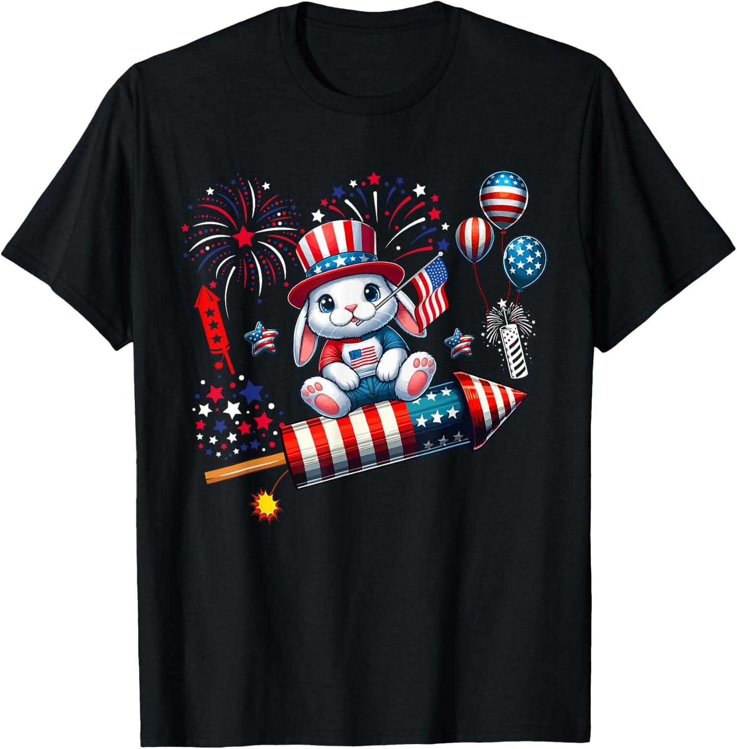 Rabbit Riding Firecracker US Flag 4th Of July Fireworks Women Kids Men T-Shirt - T-Shirt | Black