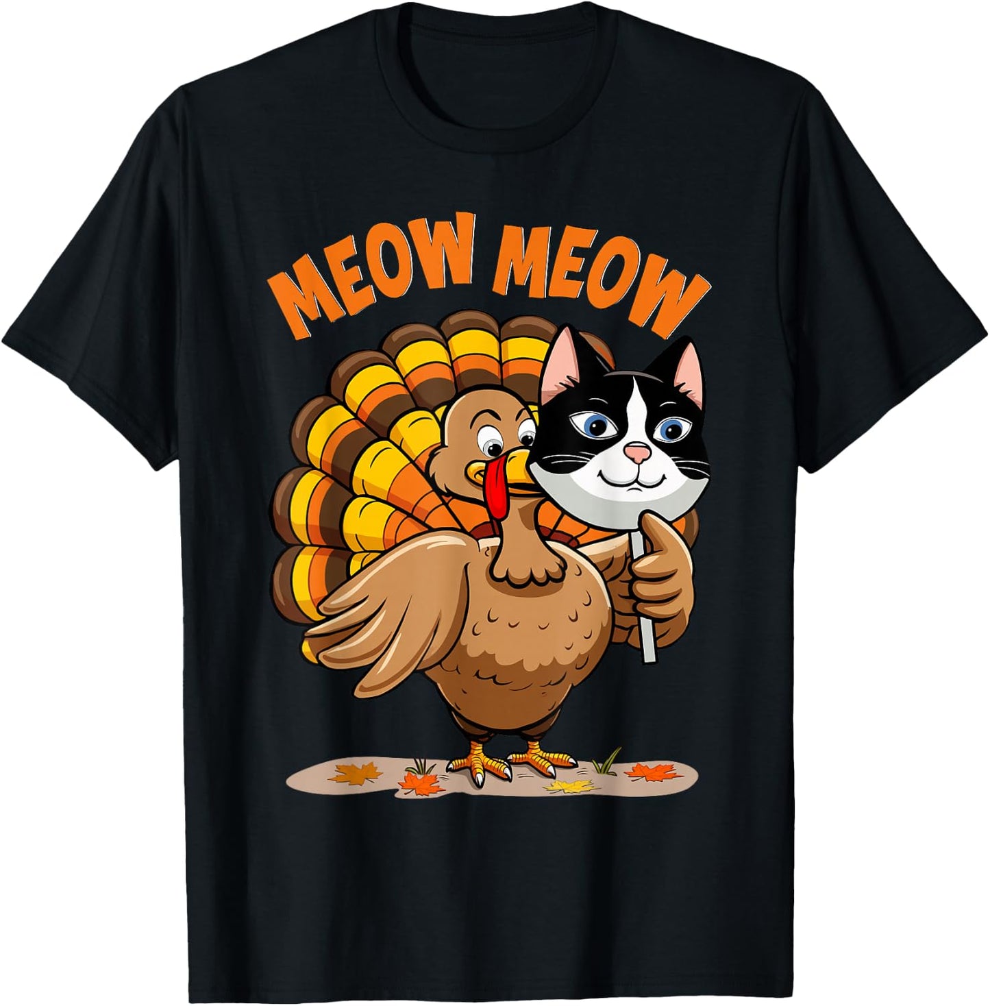 Thanksgiving Cat Funny Fake Cat Meow Thanksgiving Turkey T-Shirt - T-Shirt | Black