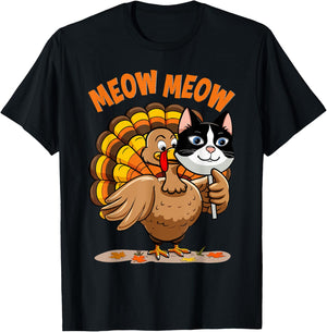 Thanksgiving Cat Funny Fake Cat Meow Thanksgiving Turkey T-Shirt - T-Shirt | Black