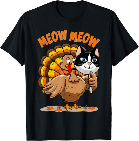Thanksgiving Cat Funny Fake Cat Meow Thanksgiving Turkey T-Shirt - T-Shirt | Black