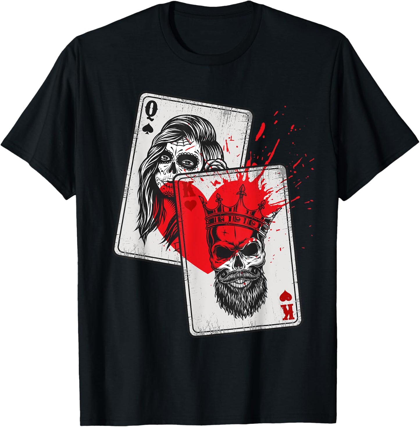 King and Queen Skull and Catrina Playing Cards Couple T-Shirt - T-Shirt | Black