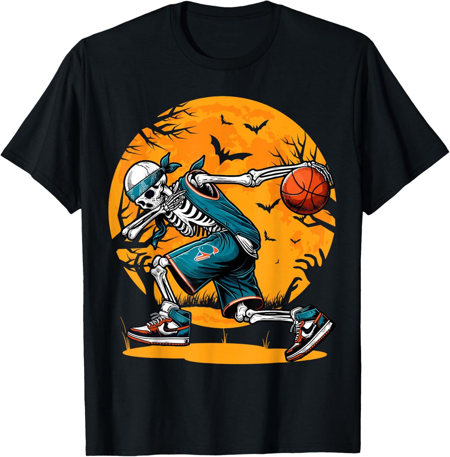 Dabbing Skeleton Basketball Halloween Boys Basketball Player T-Shirt - T-Shirt | Black