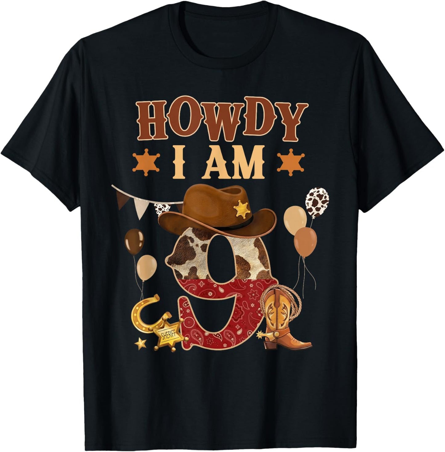Howdy I'm 9 Western Cowboy 9th Birthday Boy Kids 9 Year Old T-Shirt - T-Shirt | Black