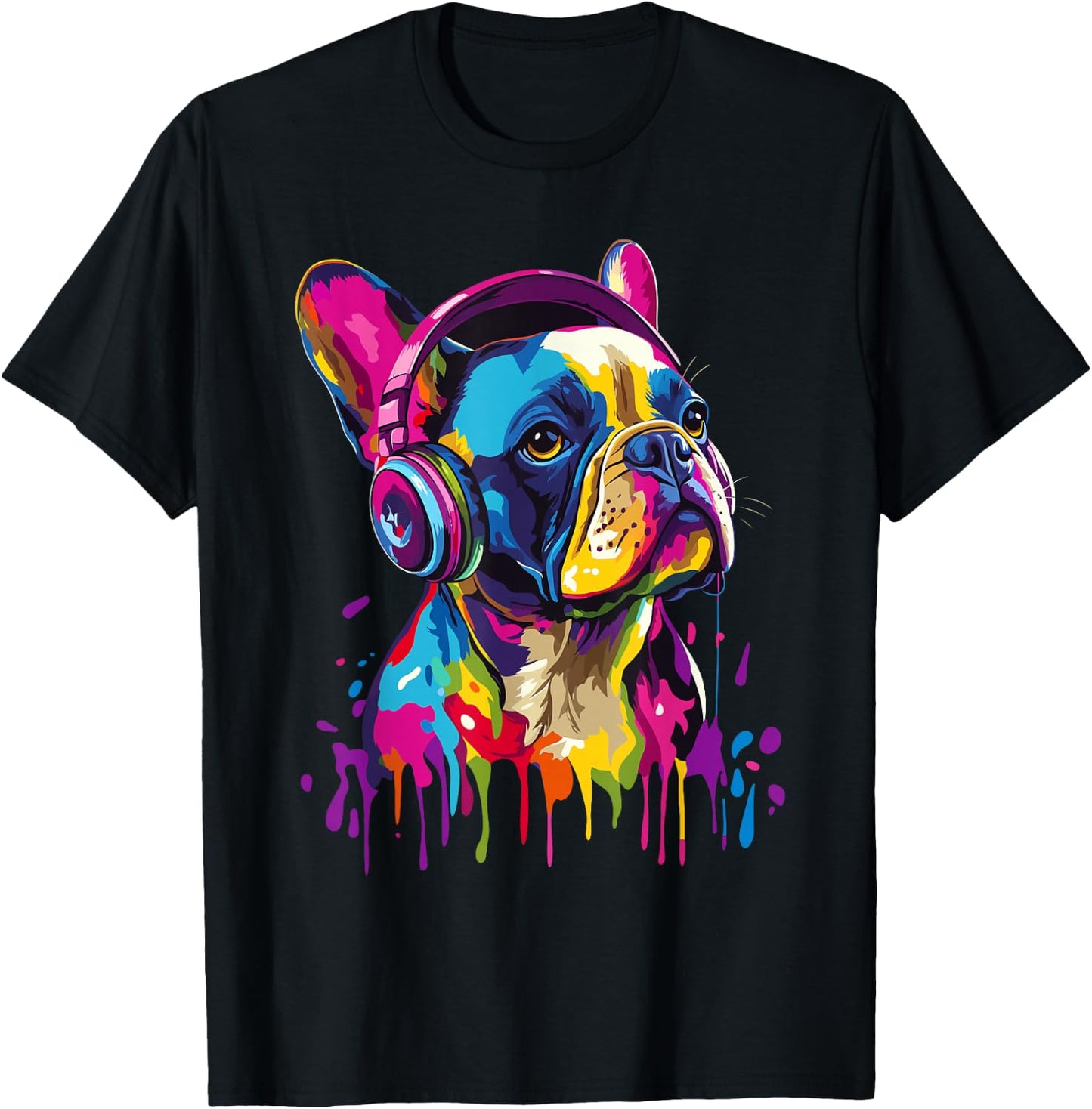 French Bulldog Lover Headphones Pop Art Funny French Bulldog , black T-Shirt - T-Shirt | Black