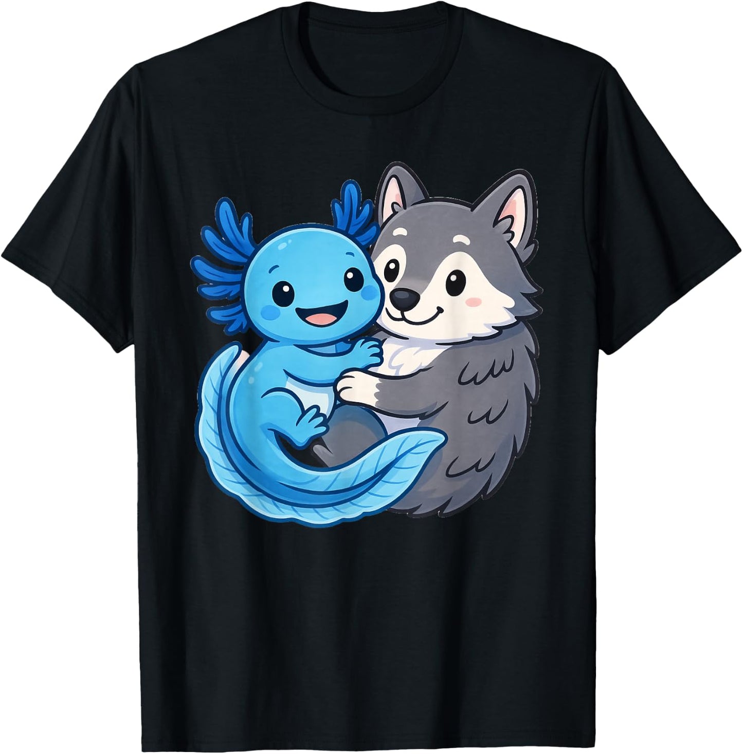 Cute Axolotl Hugging Wolf T-Shirt - T-Shirt | Black