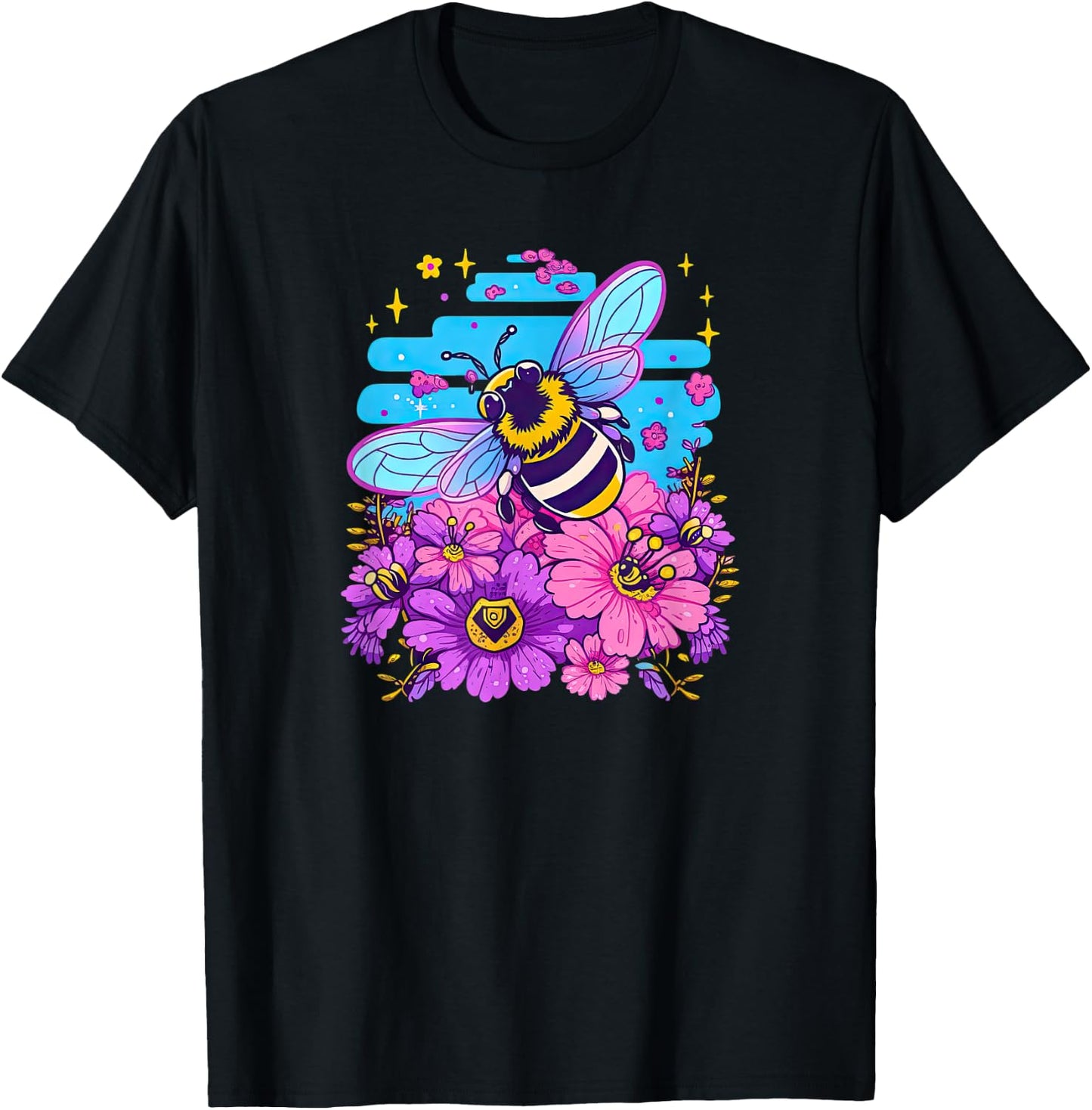 Super Cute Cartoon Bee and Flowers in Bubblegum Synthwave! T-Shirt - T-Shirt | Black