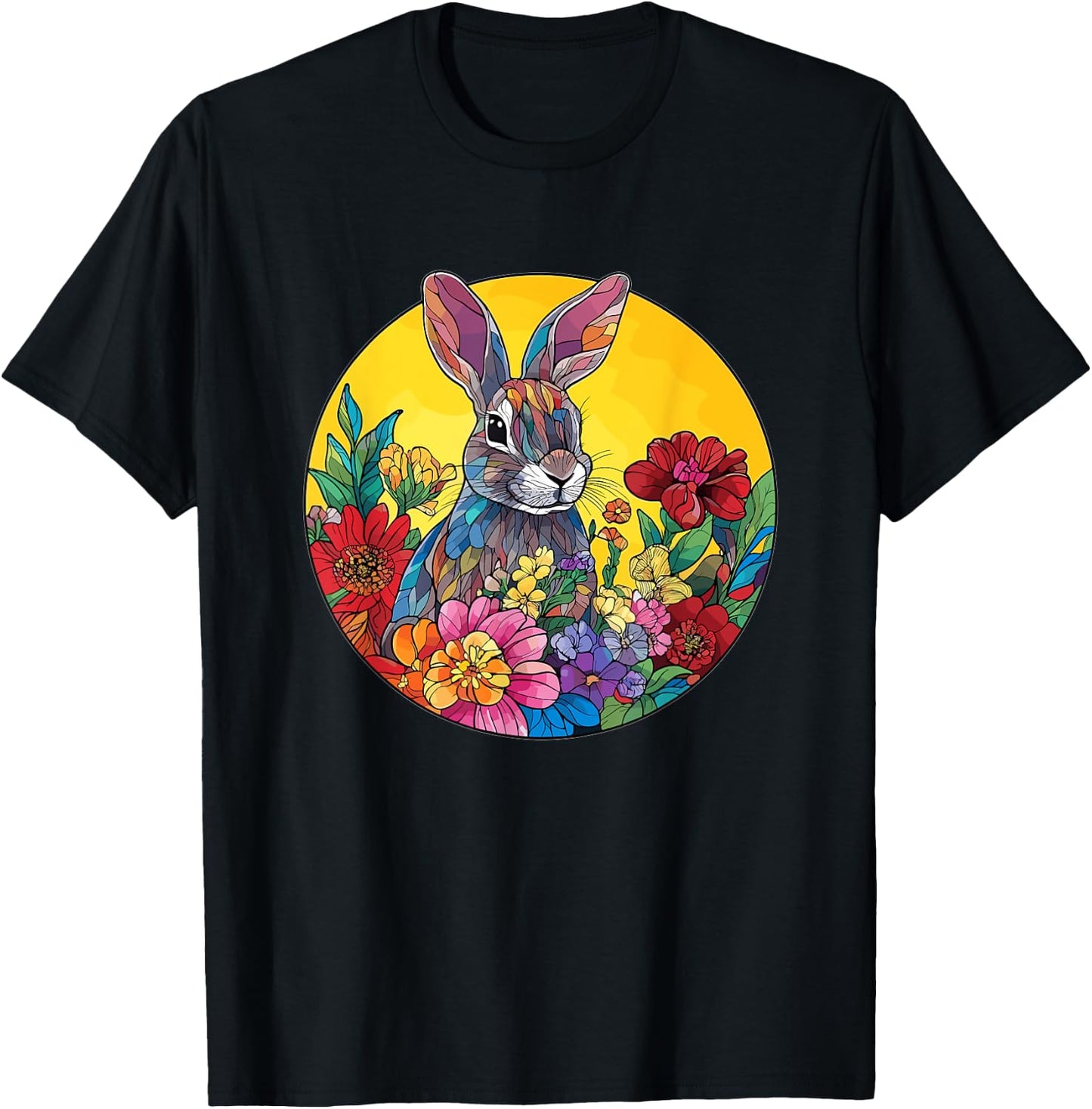 Cute Rabbit Among Flowers Artwork T-Shirt - T-Shirt | Black