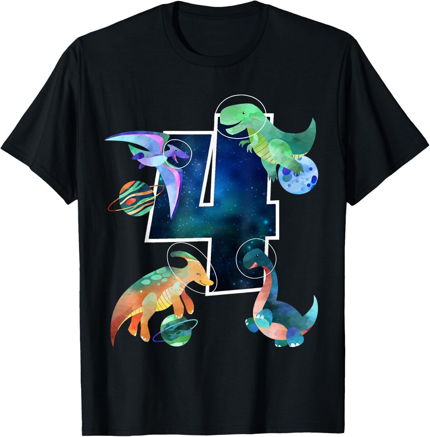 Kids Astronaut Outer Space Dinosaurs 4th Birthday Boy Gift T-Shirt - T-Shirt | Black