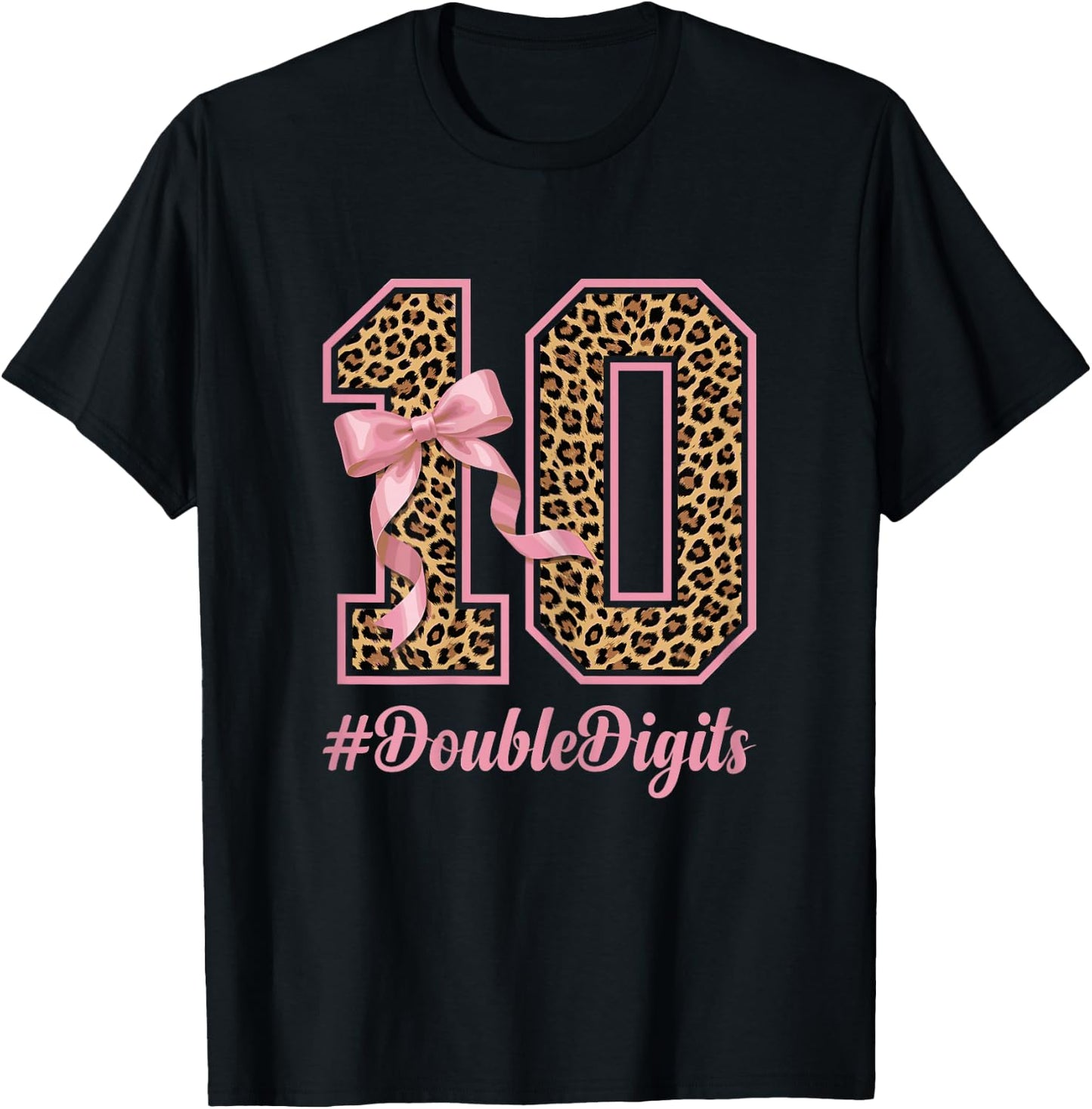 Cute Bow Leopard Cheetah Double Digits Coquette Girls T-Shirt - T-Shirt | Black