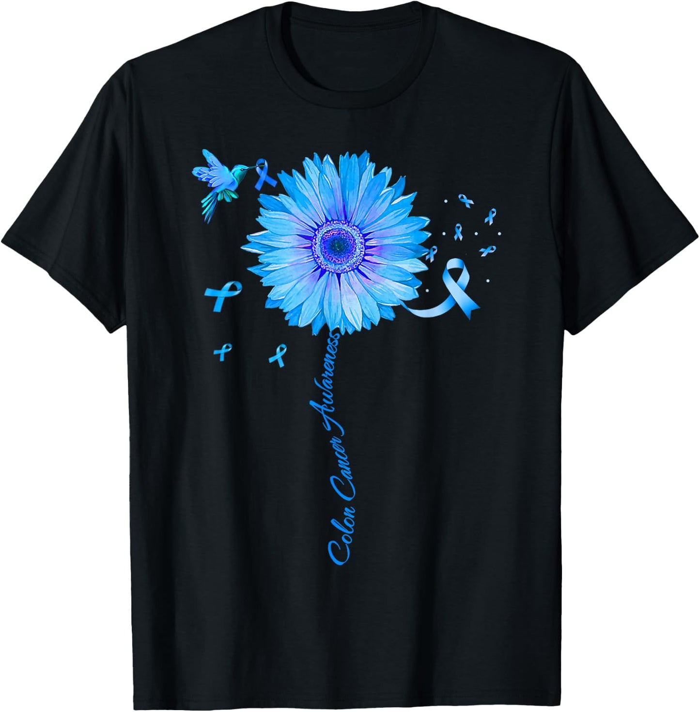 Colon Cancer Awareness Colorectal Blue Ribbon Sunflower T-Shirt - T-Shirt | Black