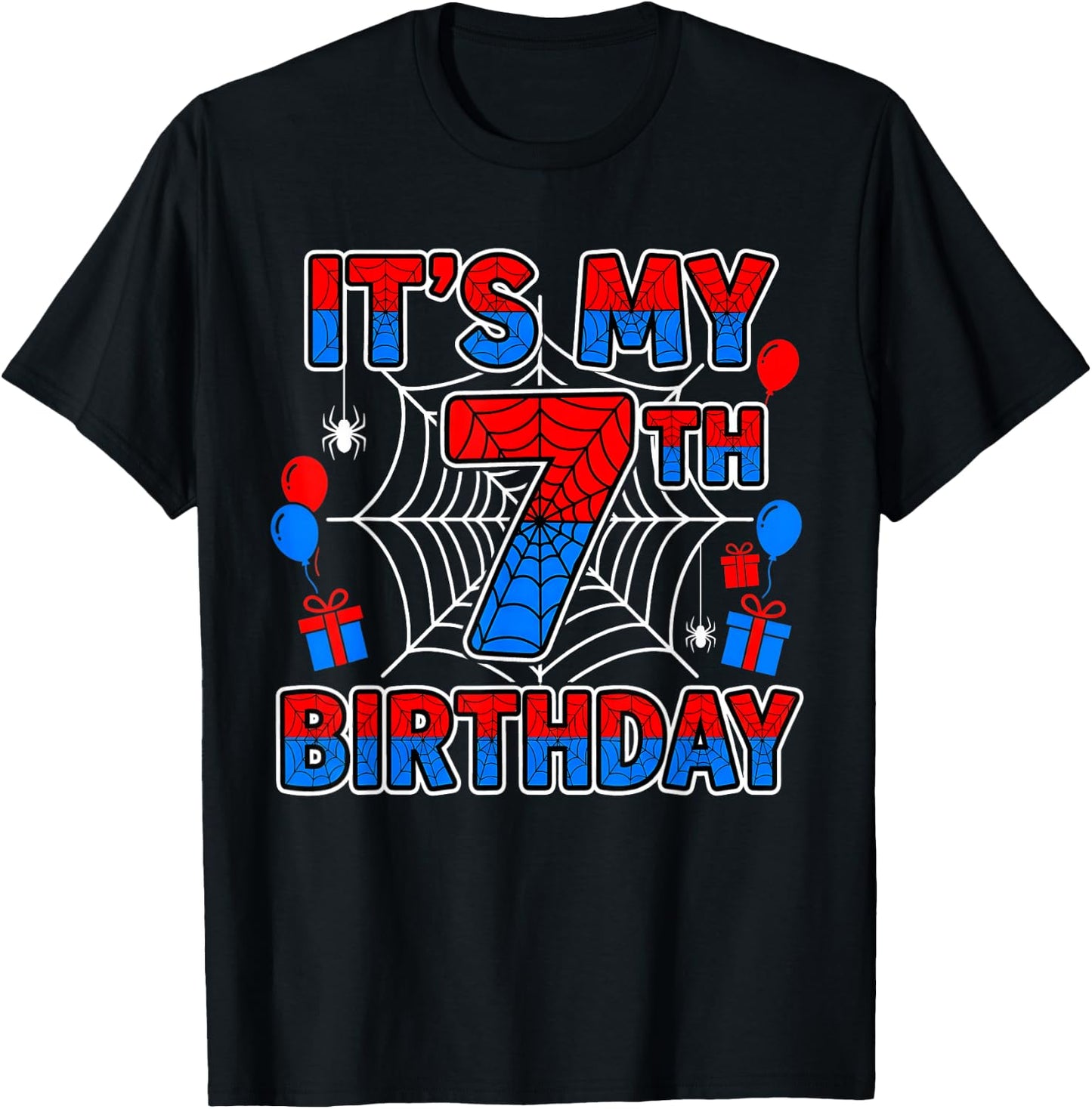 Its My 7th Birthday Boy 7 Year Old Spider Web Birthday Party T-Shirt - T-Shirt | Black