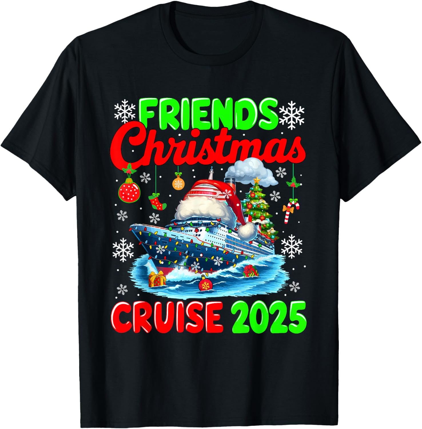 Friends Christmas Cruise 2025 Santa Cruise Ship Cruising T-Shirt - T-Shirt | Black