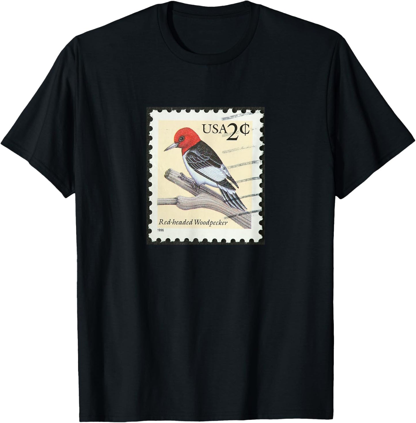 Red Headed Woodpecker Shirt Postage Stamp Bird Vintage T-Shirt - T-Shirt | Black