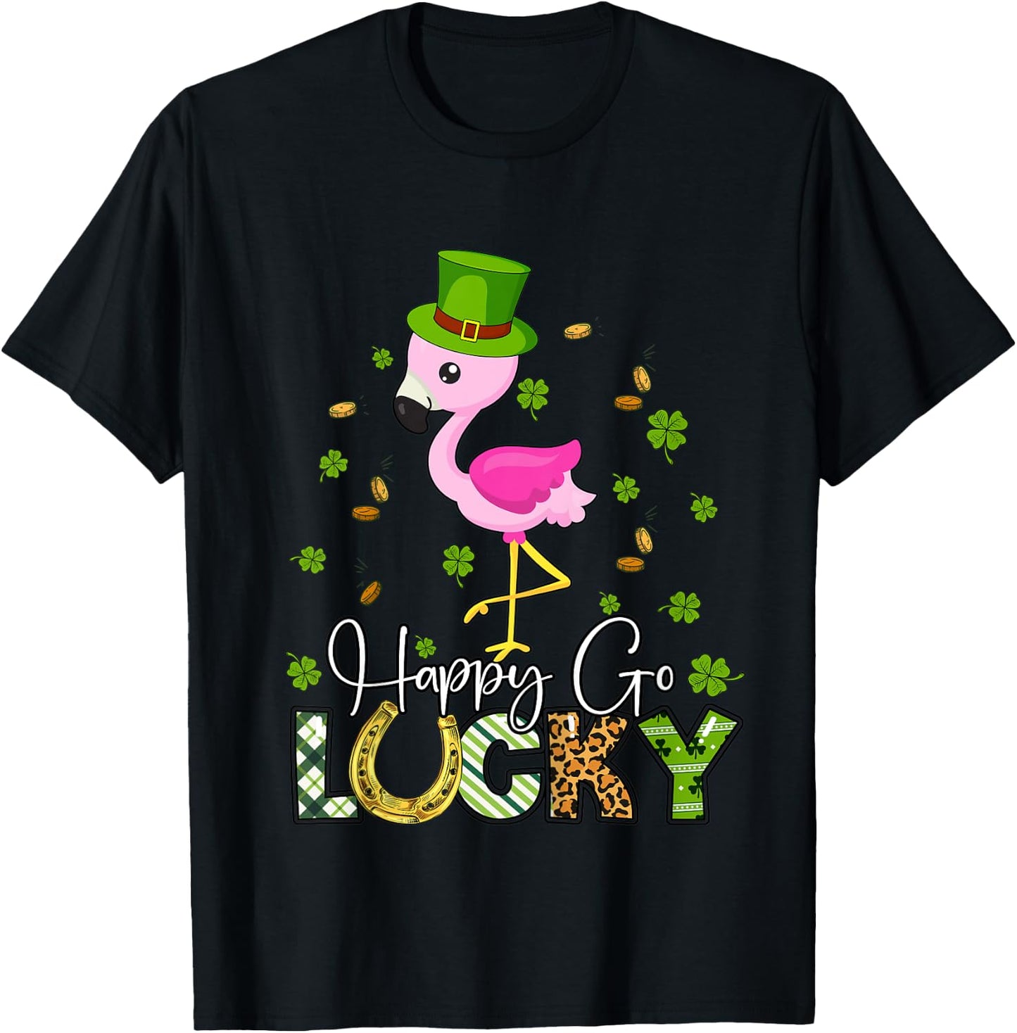 Kids Girls St Patricks Day Flamingo Shirt Happy Go Lucky Toddler T-Shirt - T-Shirt | Black