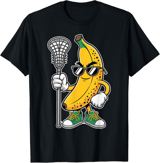 Banana Playing Lacrosse Funny Sports Design Boys Girls Kids T-Shirt - T-Shirt | Black
