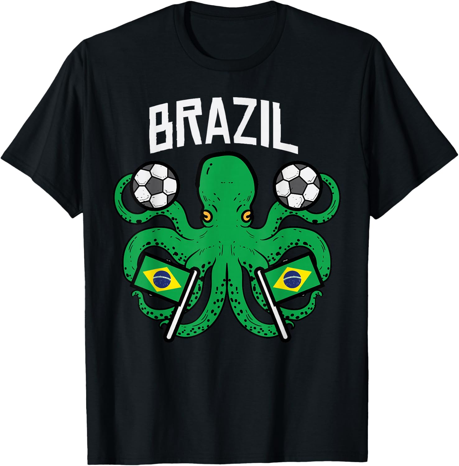 Brazil Octopus Brazilian Flag Soccer Fan Men Women Kids Boys T-Shirt - T-Shirt | Black