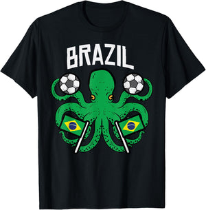 Brazil Octopus Brazilian Flag Soccer Fan Men Women Kids Boys T-Shirt - T-Shirt | Black