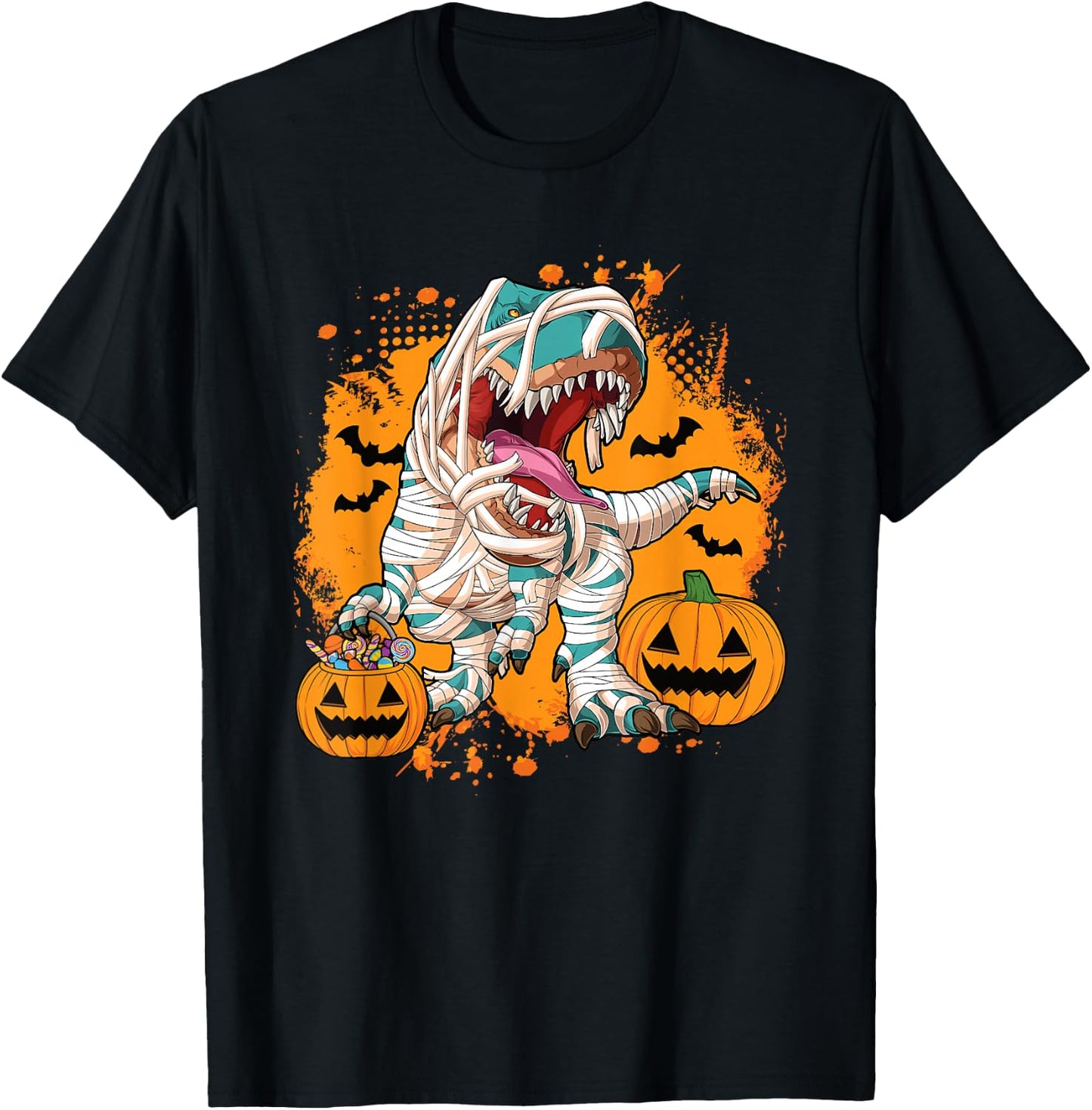Scary Halloween Dino T Rex Dinosaur Pumpkin Men Boys Kids T-Shirt - T-Shirt | Black