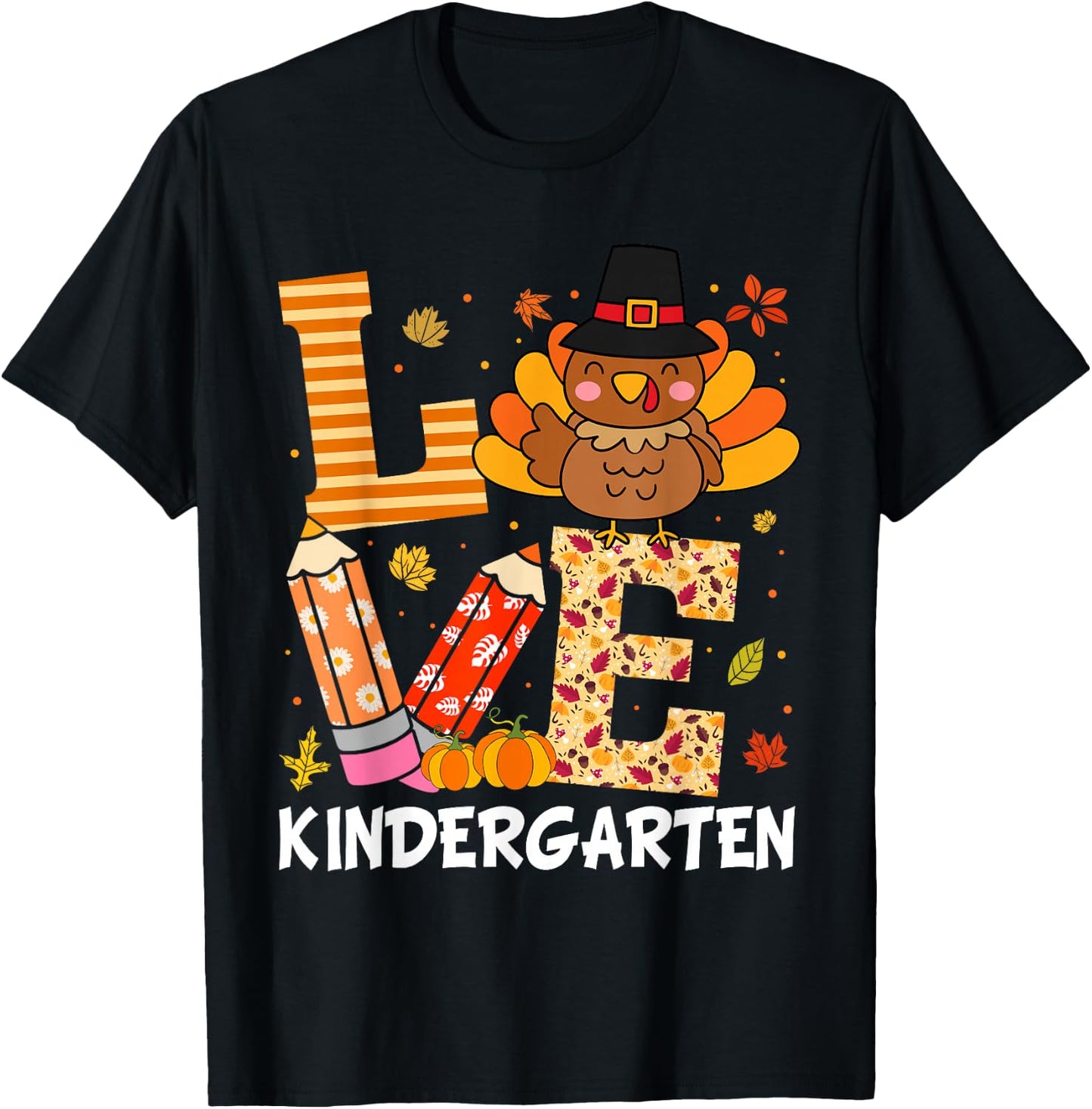 Love Kindergarten Teacher Turkey Thanksgiving Kindergarten T-Shirt - T-Shirt | Black