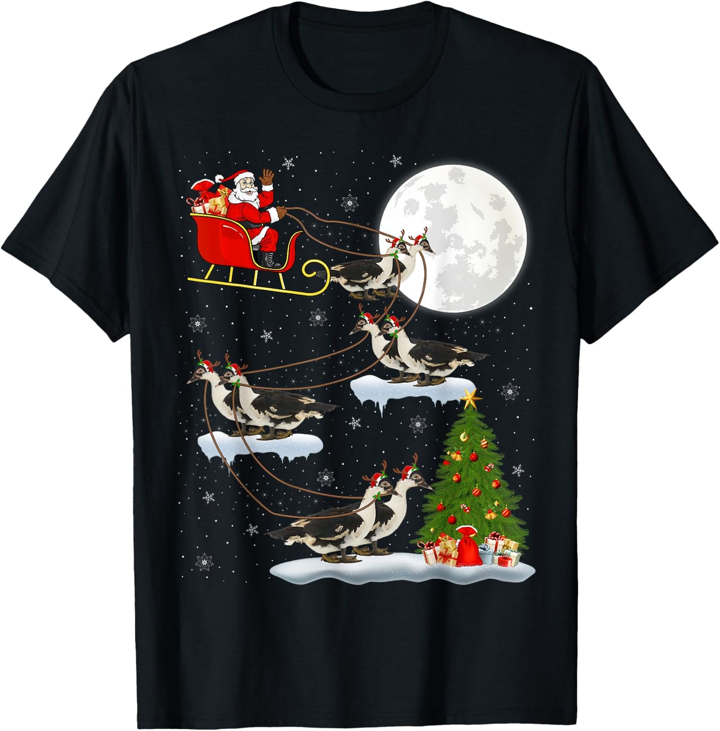 Xmas Tree Lighting Santa Riding Muscovy Duck Christmas T-Shirt - T-Shirt | Black