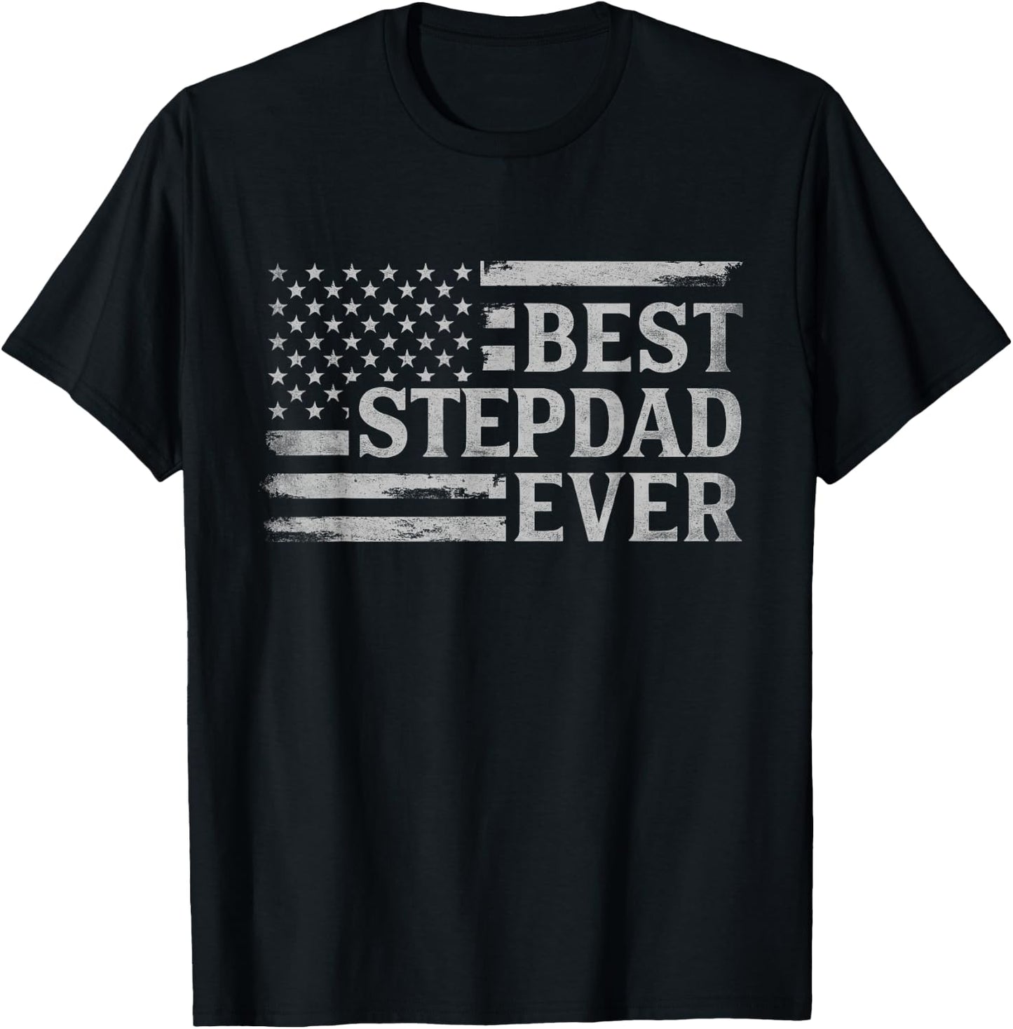 Best Stepdad Ever Grey Vintage USA Flag Father's Day T-Shirt - T-Shirt | Black