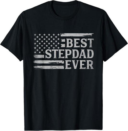Best Stepdad Ever Grey Vintage USA Flag Father's Day T-Shirt - T-Shirt | Black