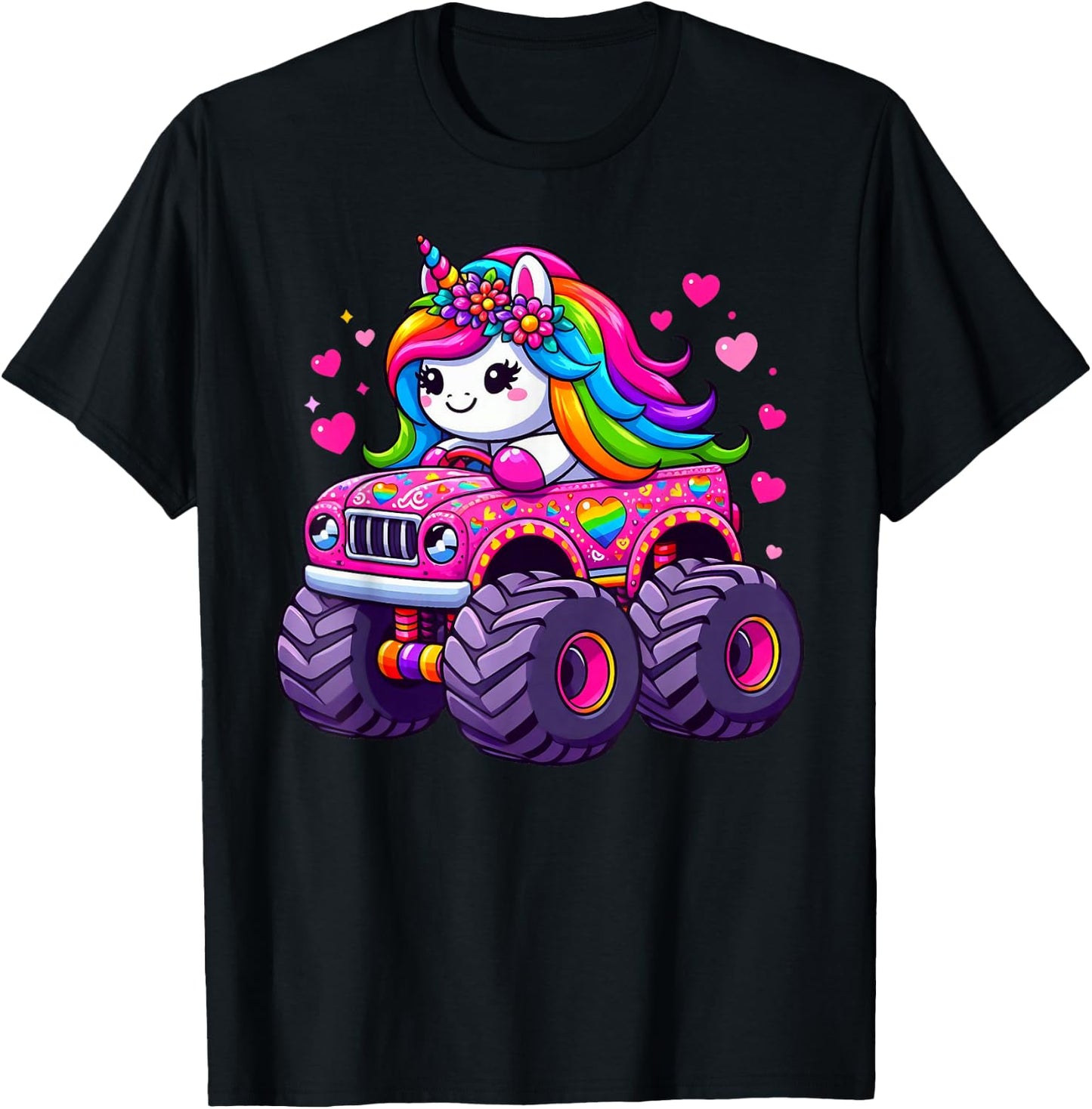 Cute Unicorn Riding A Pink Monster Truck Lovers Girls T-Shirt - T-Shirt | Black