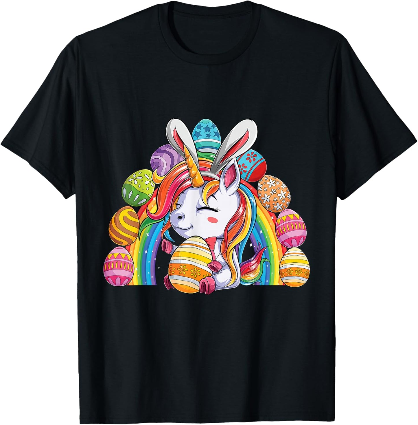 Unicorn Happy Easter Day bunny Rainbow egg Girls Kids T-Shirt - T-Shirt | Black