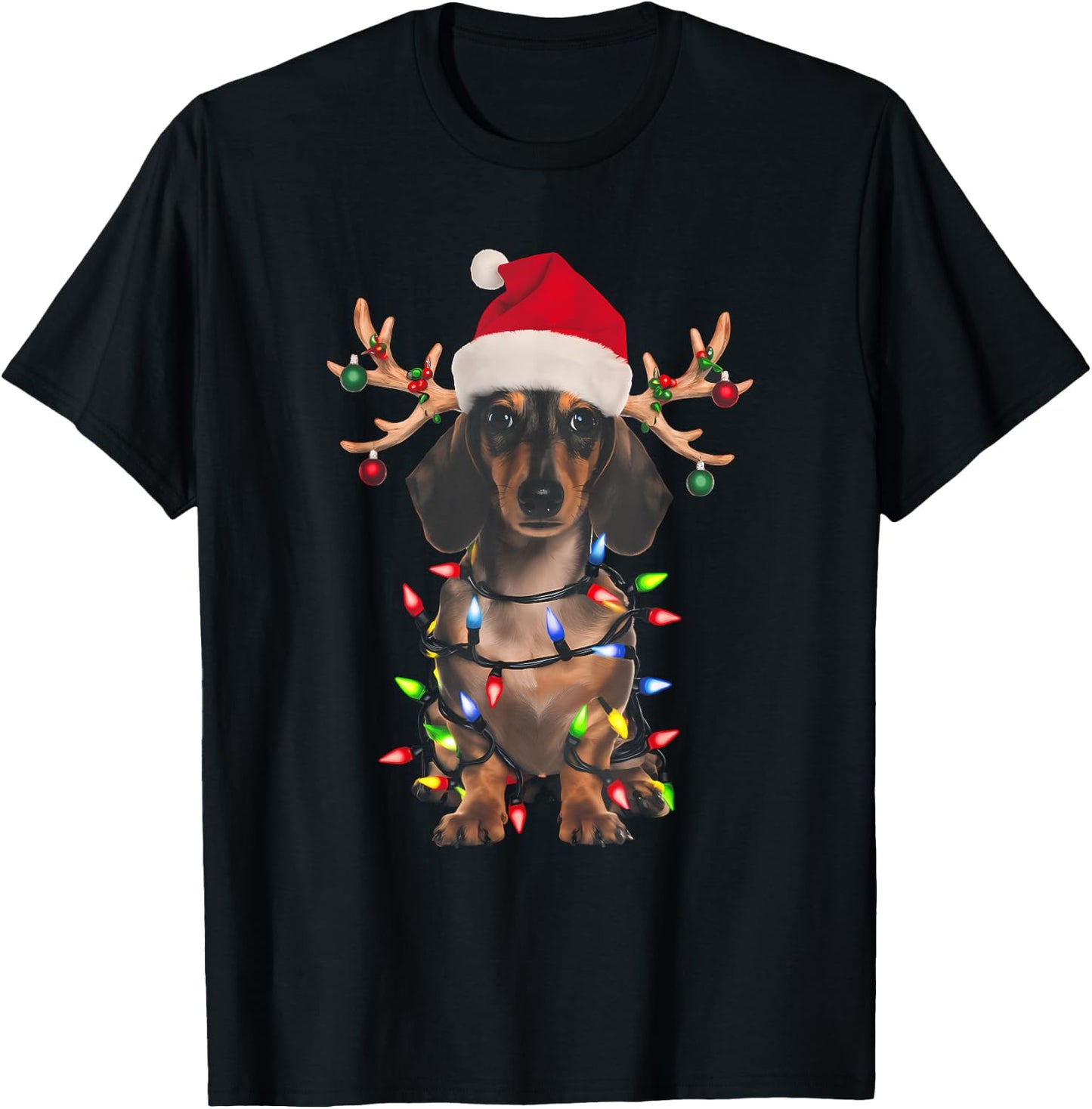 Dachshund Christmas Tree Shirt Dachshund Santa Hat Lover T-Shirt - T-Shirt | Black