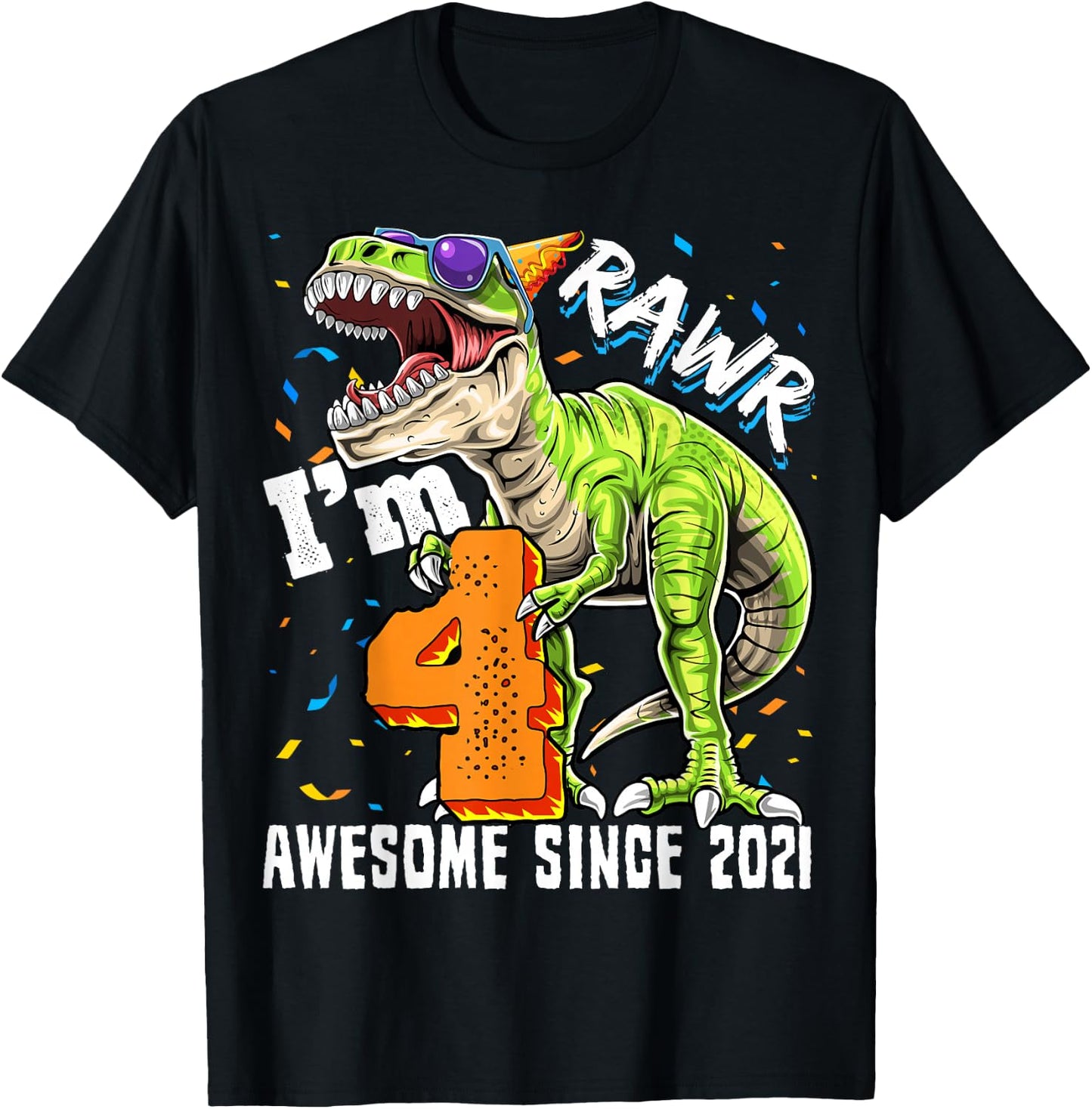4th Birthday T Rex Dinosaur Party Boys Rawr I'm 4 T-Shirt - T-Shirt | Black
