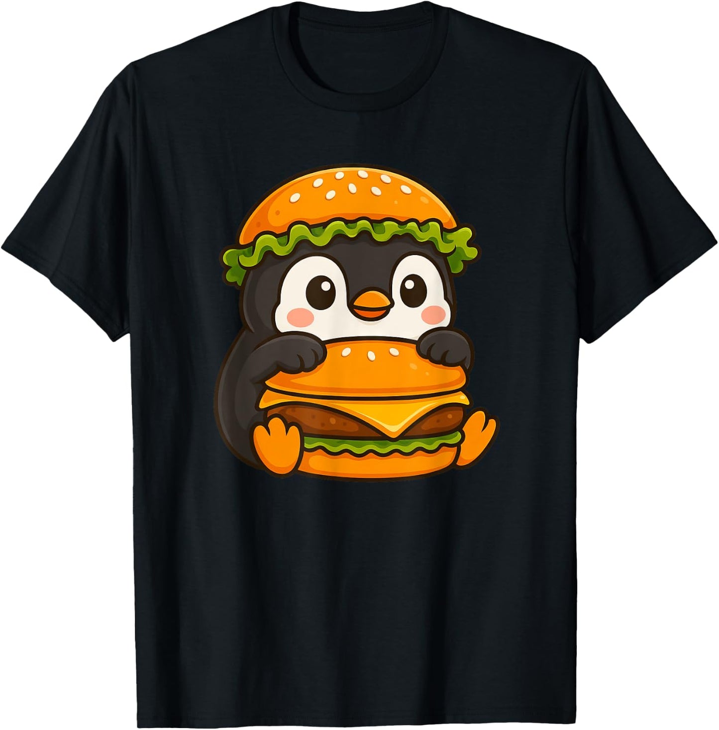 Cute Penguin Holding a Cheeseburger T-Shirt - T-Shirt | Black