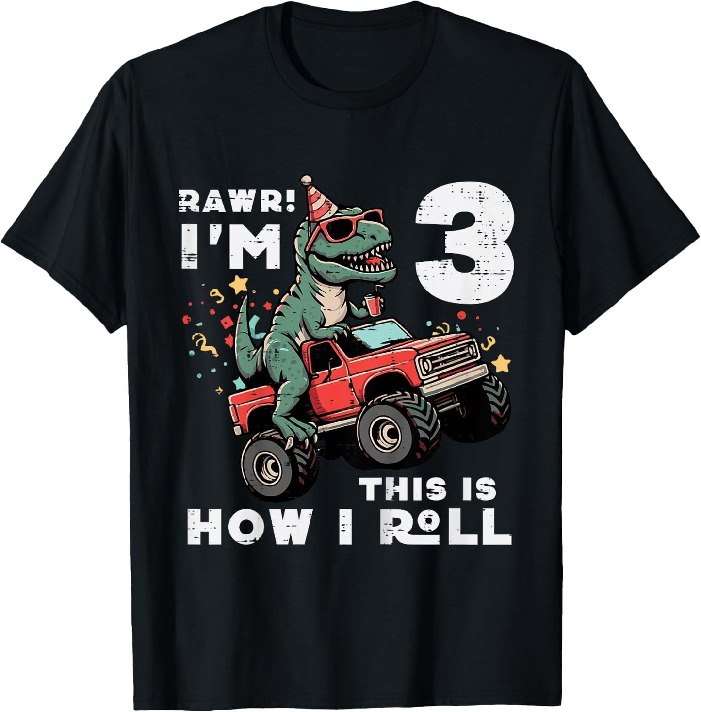 Kids Rawr Im 3 Dino This How I Roll 3rd Birthday Trex Bday Boys T-Shirt - T-Shirt | Black