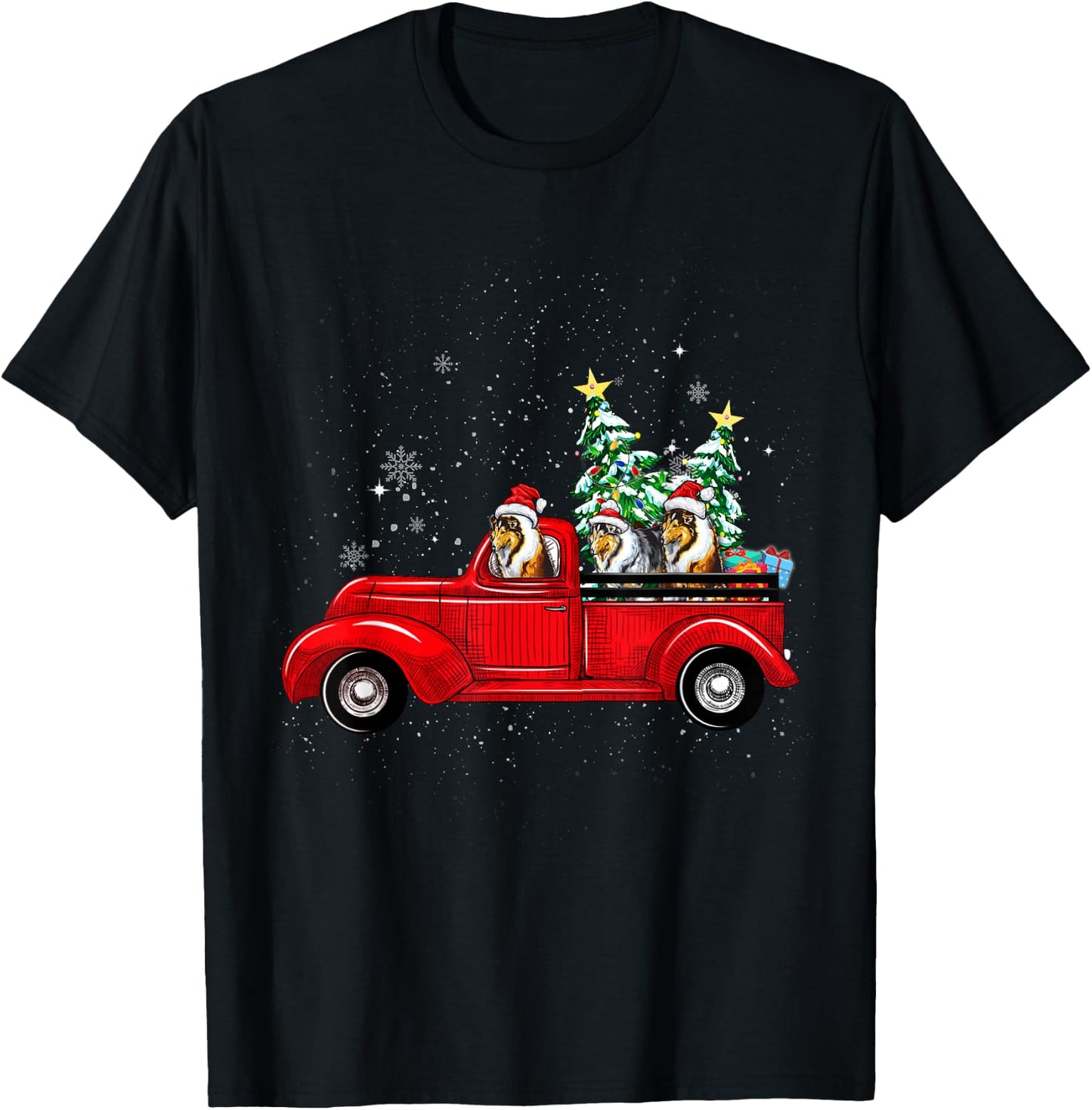 Rough Collie Dog Driving Xmas Truck Christmas Tree Lights Women Kids T-Shirt - T-Shirt | Black