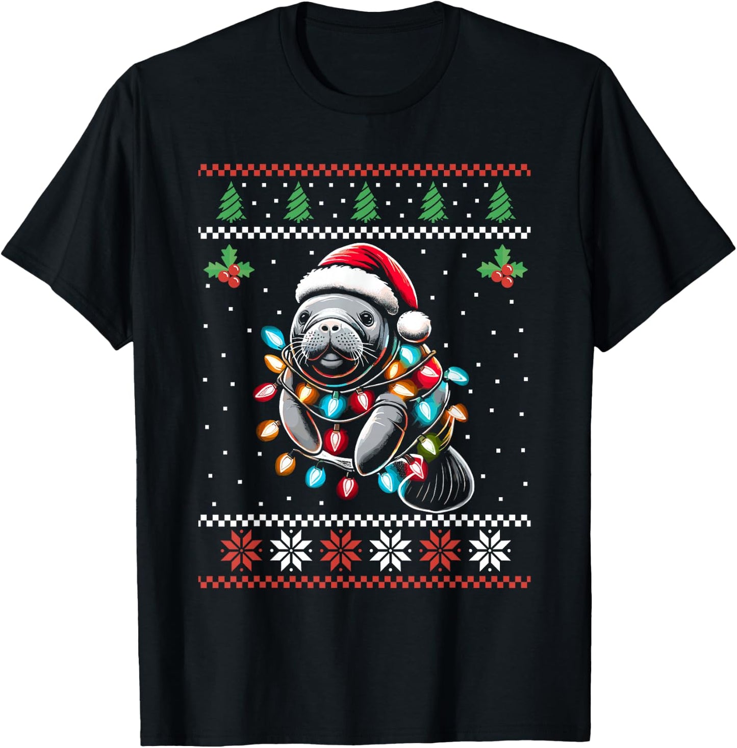 Manatee Santa Hat Ugly Christmas Sweater Xmas T-Shirt - T-Shirt | Black