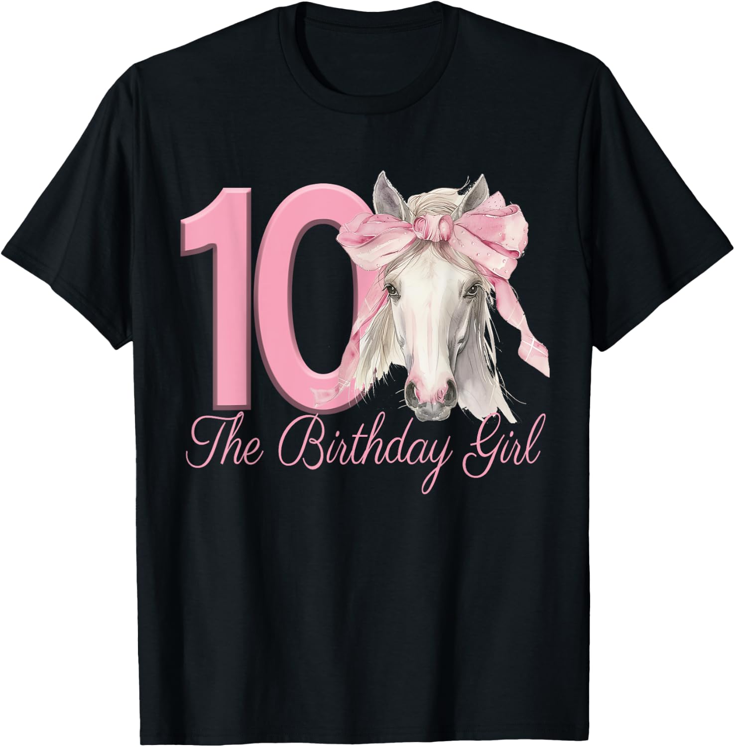 Cute Horse 10 Years for Girl with Pink Bow , Black, S T-Shirt - T-Shirt | Black