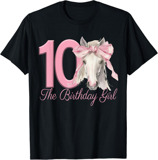 Cute Horse 10 Years for Girl with Pink Bow , Black, S T-Shirt - T-Shirt | Black