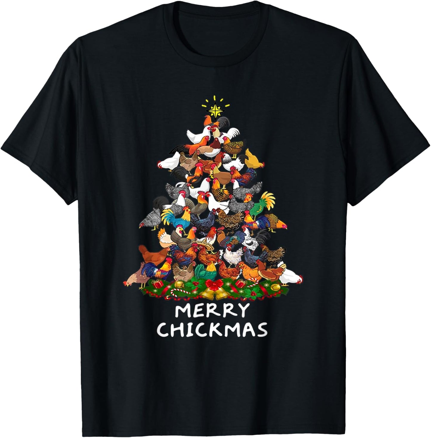 Merry Chickmas Chicken Christmas Tree Rooster Xmas Tree T-Shirt - T-Shirt | Black